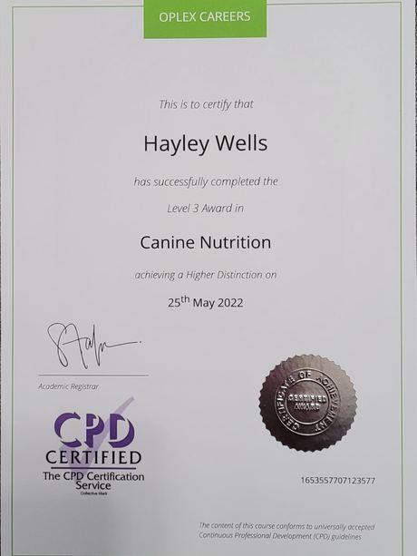 Certificate: Level 3 Award in Canine Nutrition